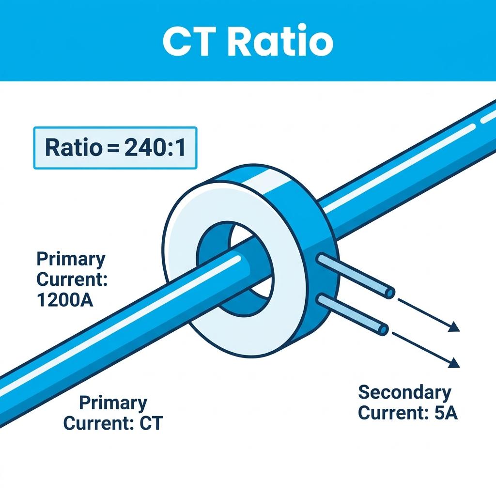 CT Ratio Infographic showing 1200A primary to 5A secondary