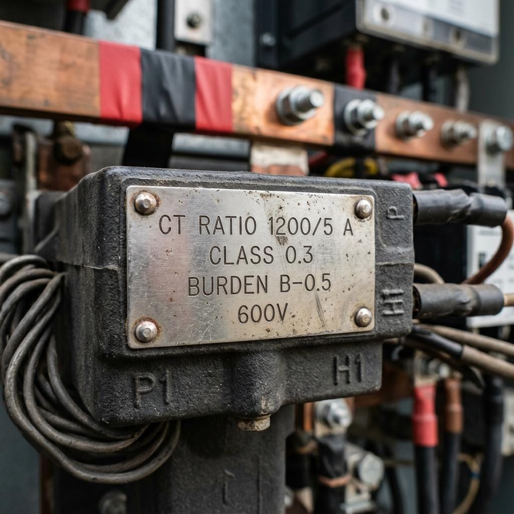Real current transformer nameplate showing ratio, accuracy class and burden