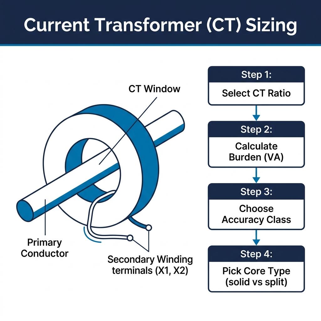 Current transformer sizing: 4-step process diagram — select CT ratio, calculate burden VA, choose accuracy class, pick solid core or split core