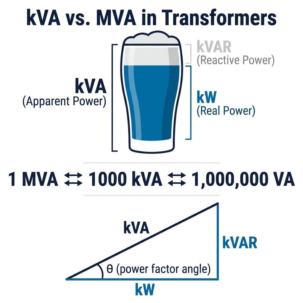 kVA vs MVA transformer rating guide: conversion formula, standard kVA ratings table, and kW to kVA calculation