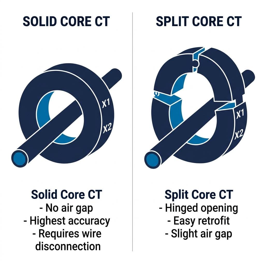 Side-by-side comparison of solid core CT vs split core CT showing construction difference, air gap, and accuracy characteristics