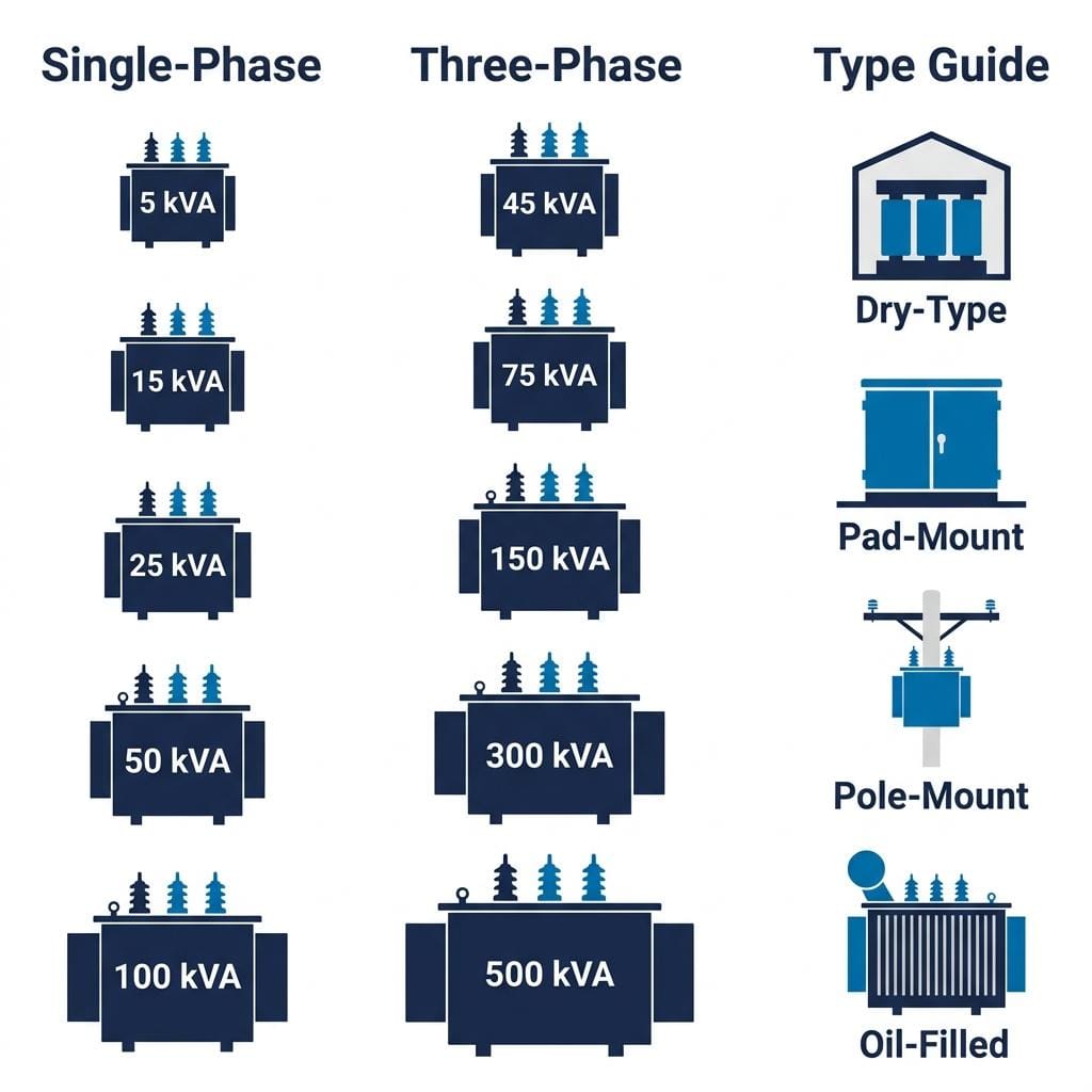 Standard transformer sizes chart showing typical kVA ratings for single-phase and three-phase transformers from 1 kVA to 5,000 kVA