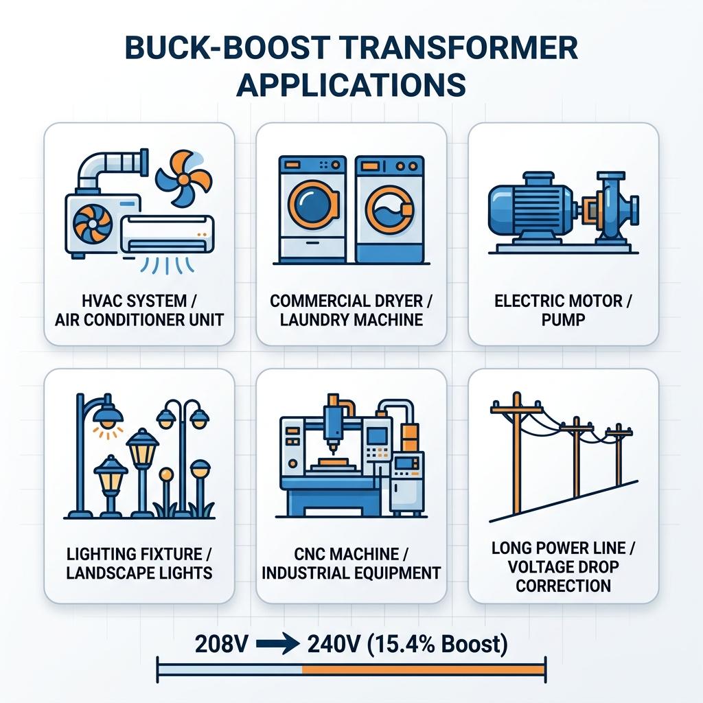 Common applications of buck-boost transformers including HVAC, commercial dryers, motors, lighting, CNC machines, and voltage drop correction