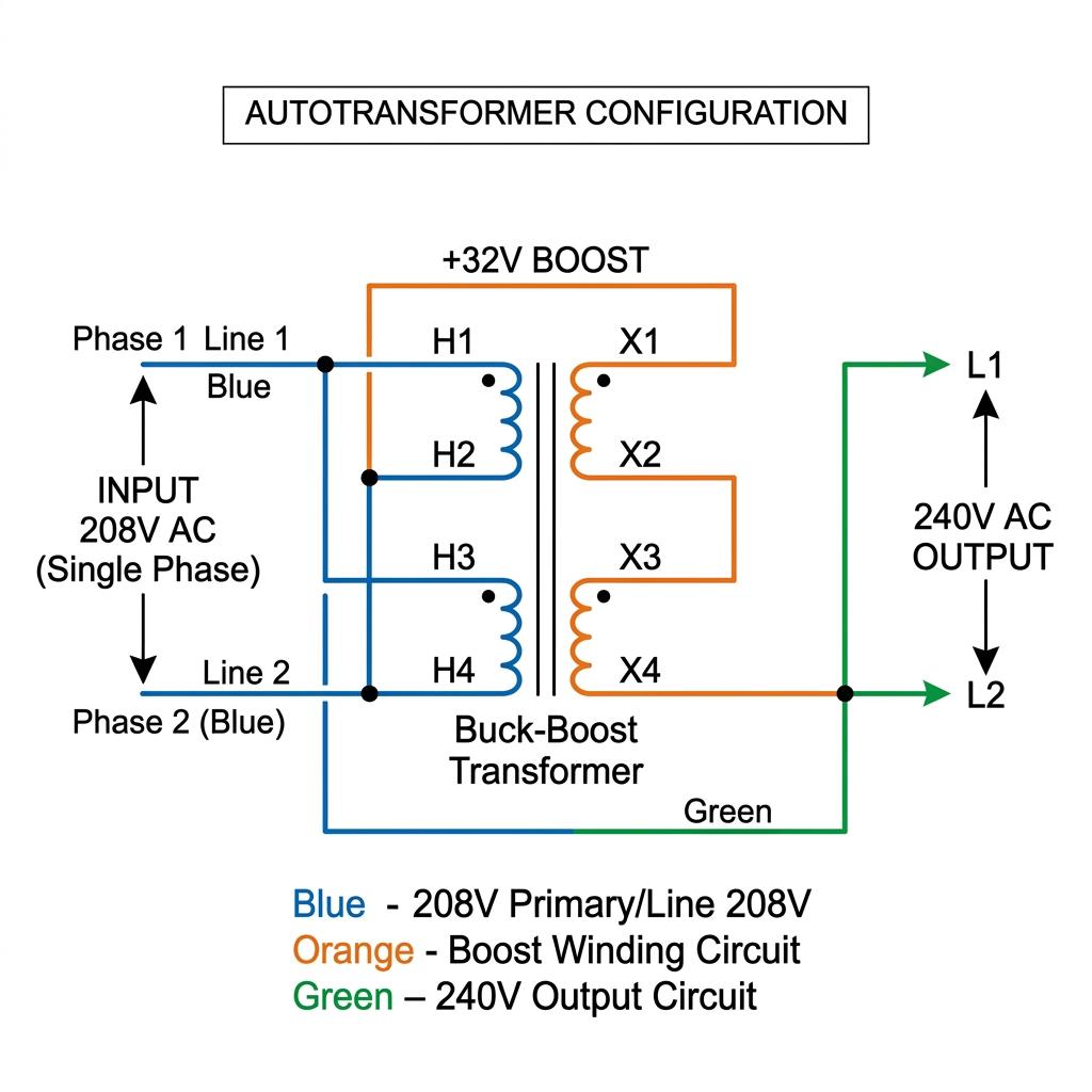 Single-phase buck-boost transformer wiring diagram showing 208V to 240V boost connection with labeled terminals H1-H4 and X1-X4