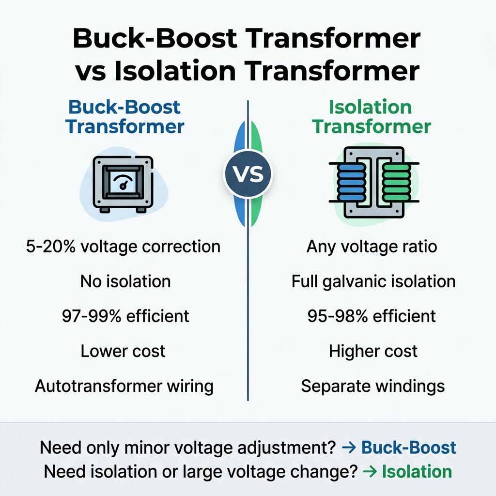 Buck-Boost Transformer vs Isolation Transformer comparison infographic showing key differences in isolation, efficiency, cost, and voltage range