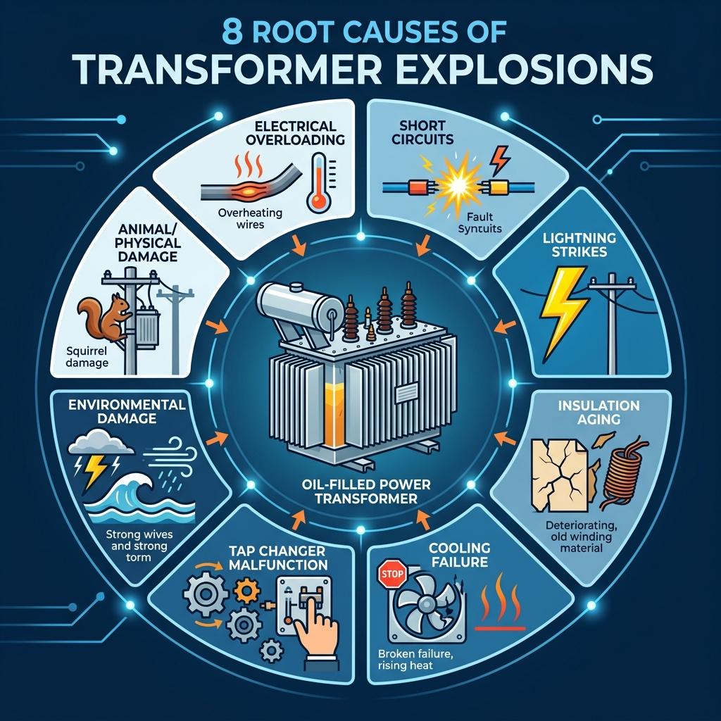8 Root Causes of Transformer Explosions — overview infographic