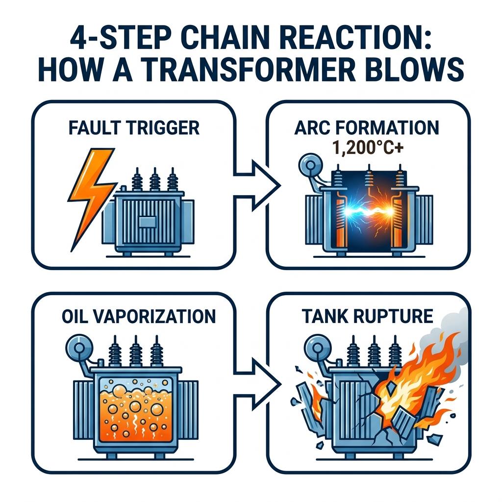 4-Step Chain Reaction: How a Transformer Blows — from fault trigger to tank rupture